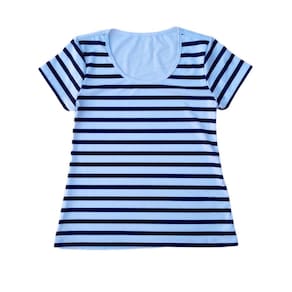 Camiseta Adulta Feminina Listrada Branca Azul