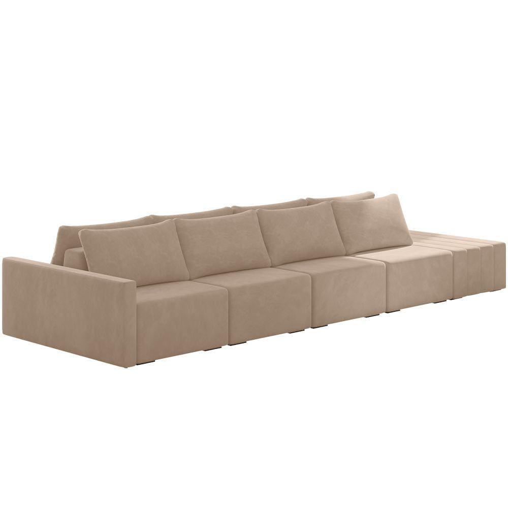 Sofá Ilha Modular para Sala 392cm com Puff Dublin K01 Veludo Bege - Lyam Decor