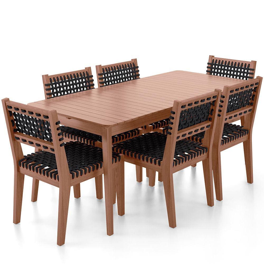 Mesa Loren 160 cm com 6 Cadeiras Área Externa Cozinha Corda Náutica Preto Giardino G01 - Lyam Decor