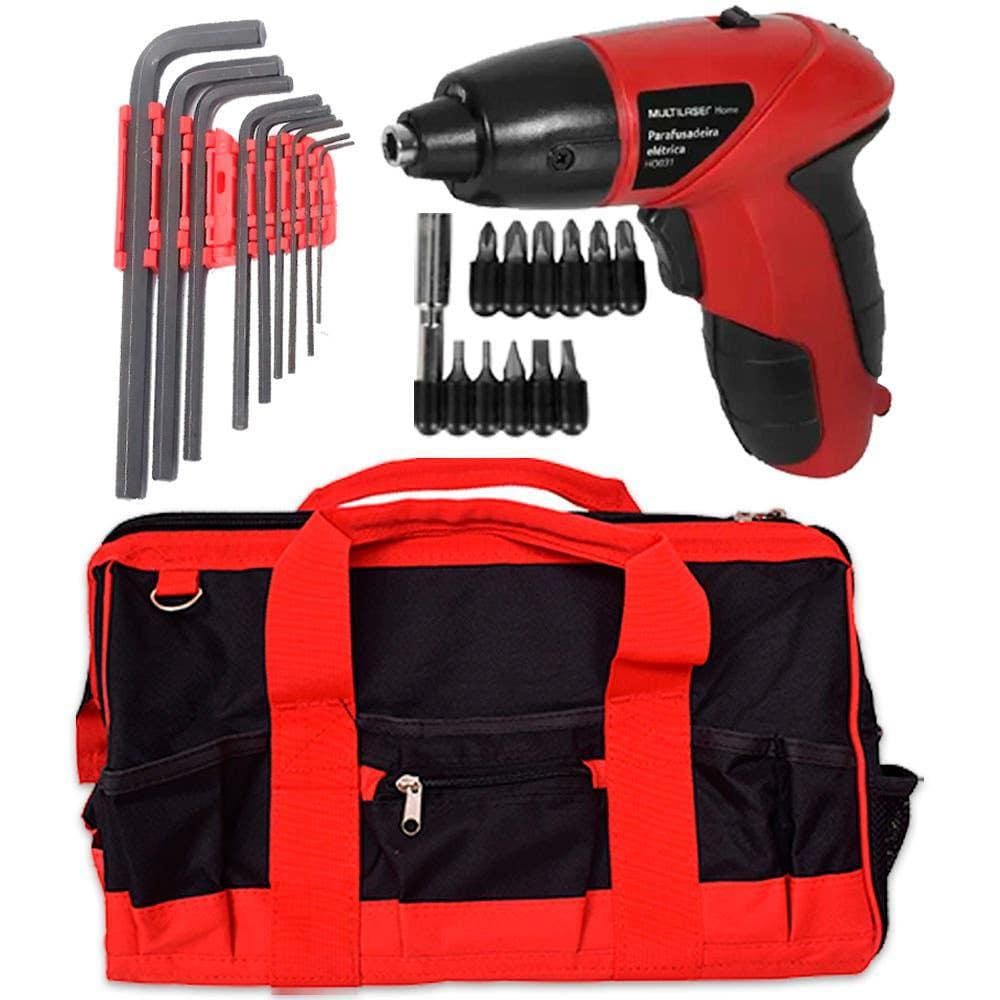 Kit Bolsa 18POL c/ Jogo de Chave Allen + Parafusadeira a Bateria 4,8V MULTILASER
