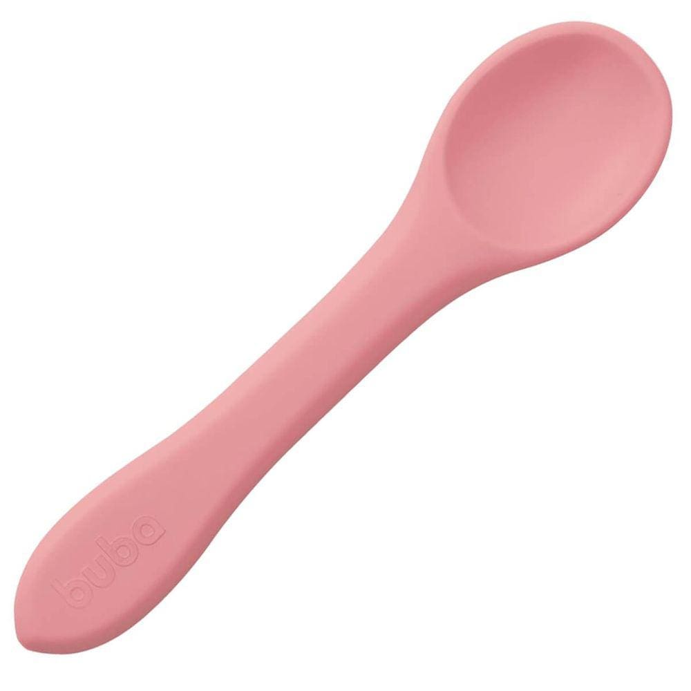 Colher de Silicone para Bebê Buba Rosa +6m Introducao Alimentar Flexível