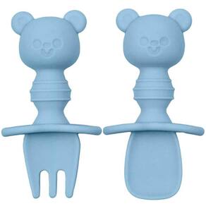 Kit Talher Treinamento Buba Silicone Azul com Escudo Ursinho +6m Garfo Colher