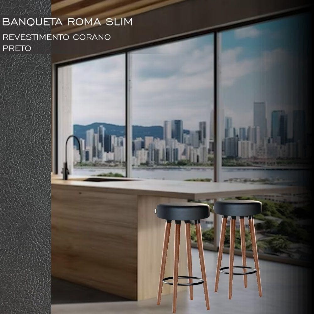 2 Bancos Banquetas Roma Slim Redonda Alta 70cm Preto