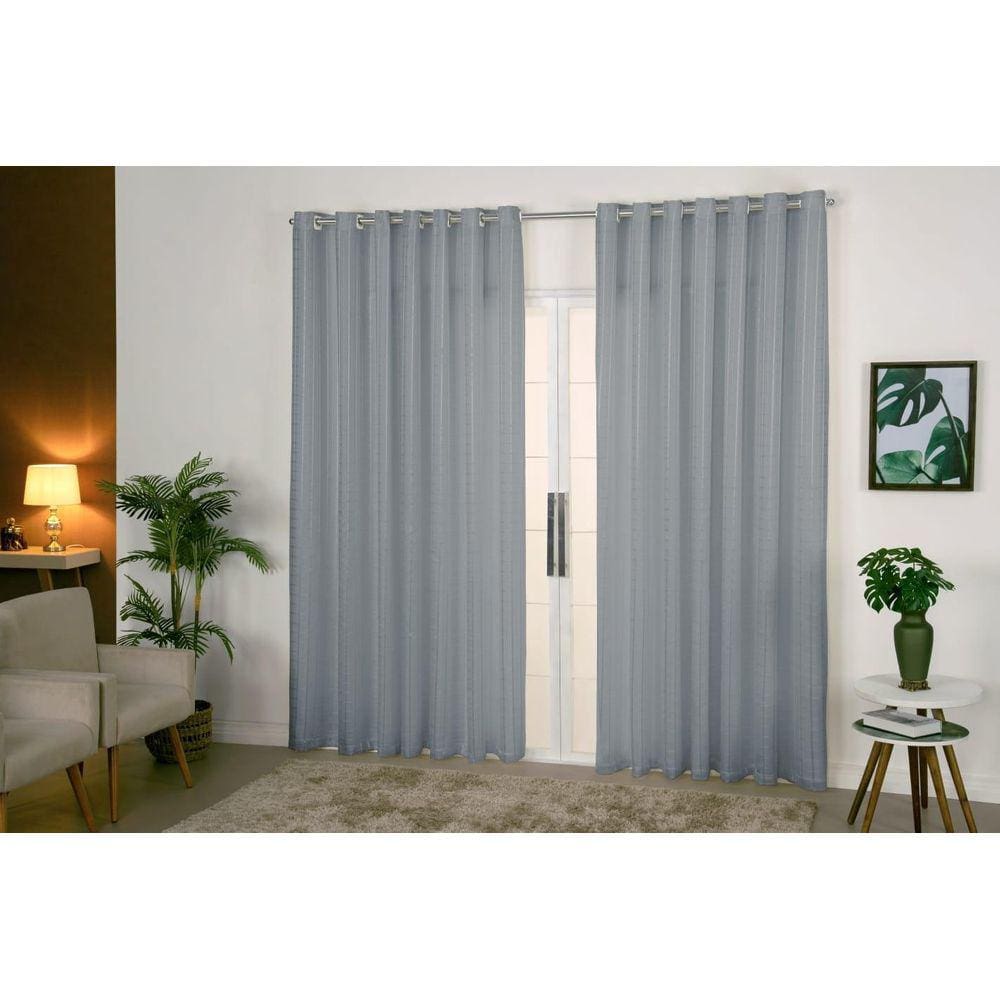 Cortina Voil Xadrez 3X2,80 C/Forro Microfibra P Varão Cinza