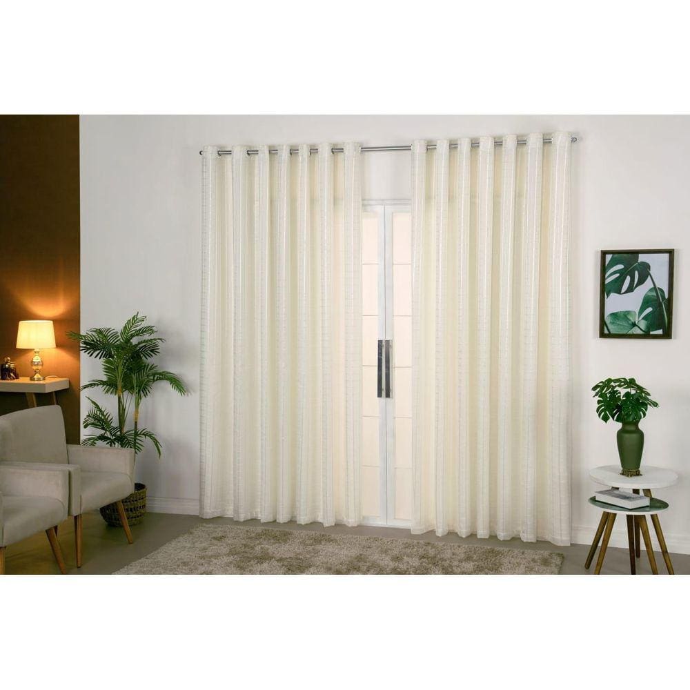 Cortina Voil Xadrez 4X2,50 C/Forro Microfibra P Varão Palha
