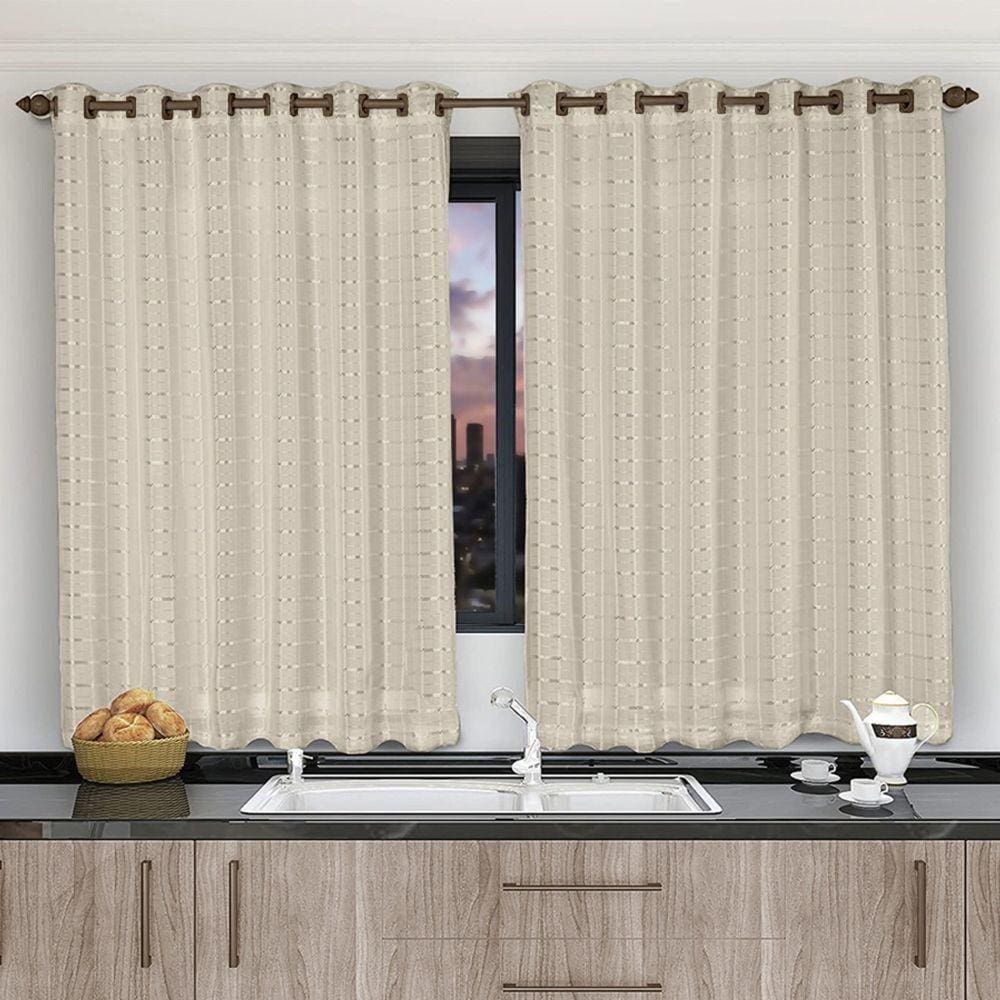 Cortina 2,80x1,20 Sala Quarto Cozinha Voil Microfibra Cor: Xadrez Bege