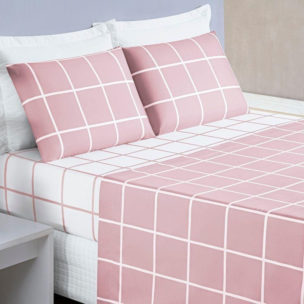 Jogo De Cama Com Lençol De Cima 200 Fios Austin Casal 04 Peças - Rosa