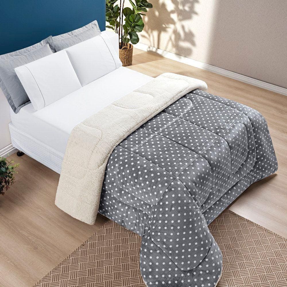 Coberdrom Estampado Sherpa E Flannel Petit Poá King 01 Peça Manta Alta 150g - Cinza