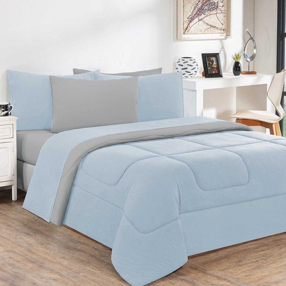 Kit Edredom + Jogo De Lençol Malha 100% Algodão Gran Moratta 6 Peças Queen - Azul Bebê-cinza