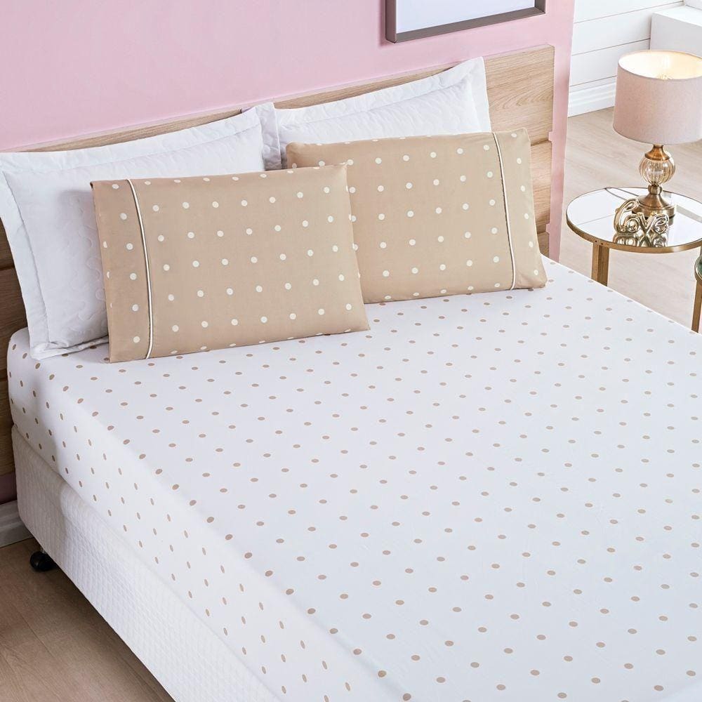 Jogo De Cama Lençol 200 Fios Petit Poá Casal Padrão 03 Peças - Caqui