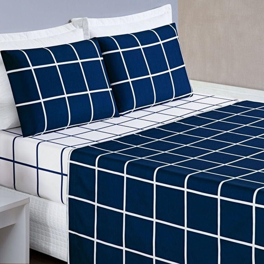 Jogo De Cama Com Lençol De Cima 200 Fios Austin King 04 Peças - Marinho