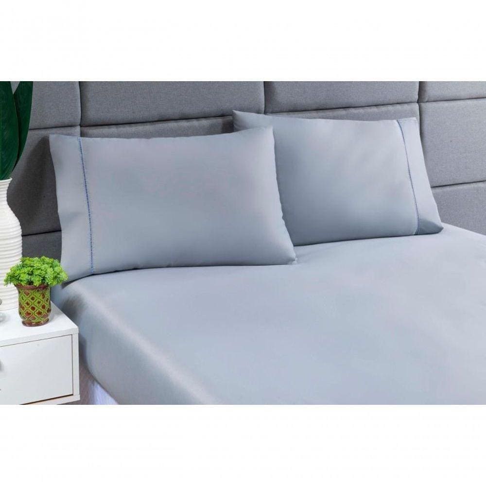 Jogo Lençol 400 Fios Ponto Palito Cama King 3pçs Poliéster - Cinza