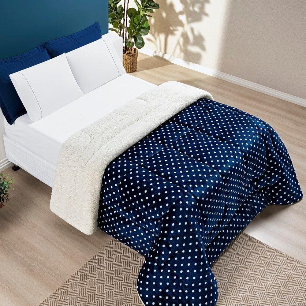 Coberdrom Estampado Sherpa E Flannel Petit Poá Queen 01 Peça Manta Alta 150g - Marinho
