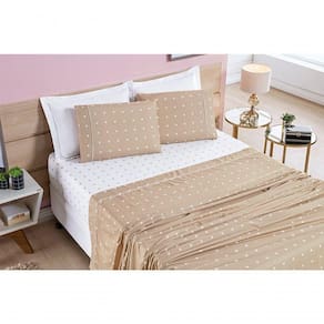 Jogo De Cama Lençol 200 Fios Petit Poá Queen 04 Peças - Caqui