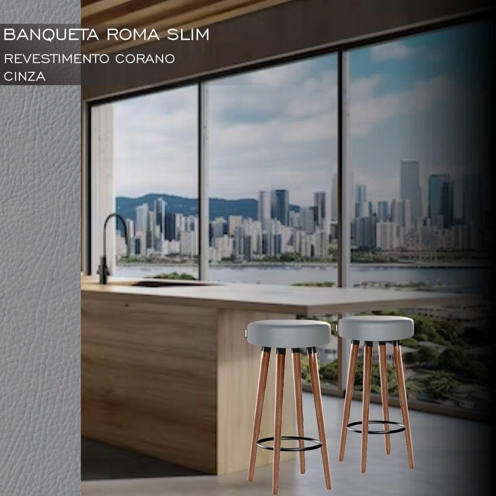 4 Bancos Banquetas Roma Slim Redonda Alta 70cm Cinza