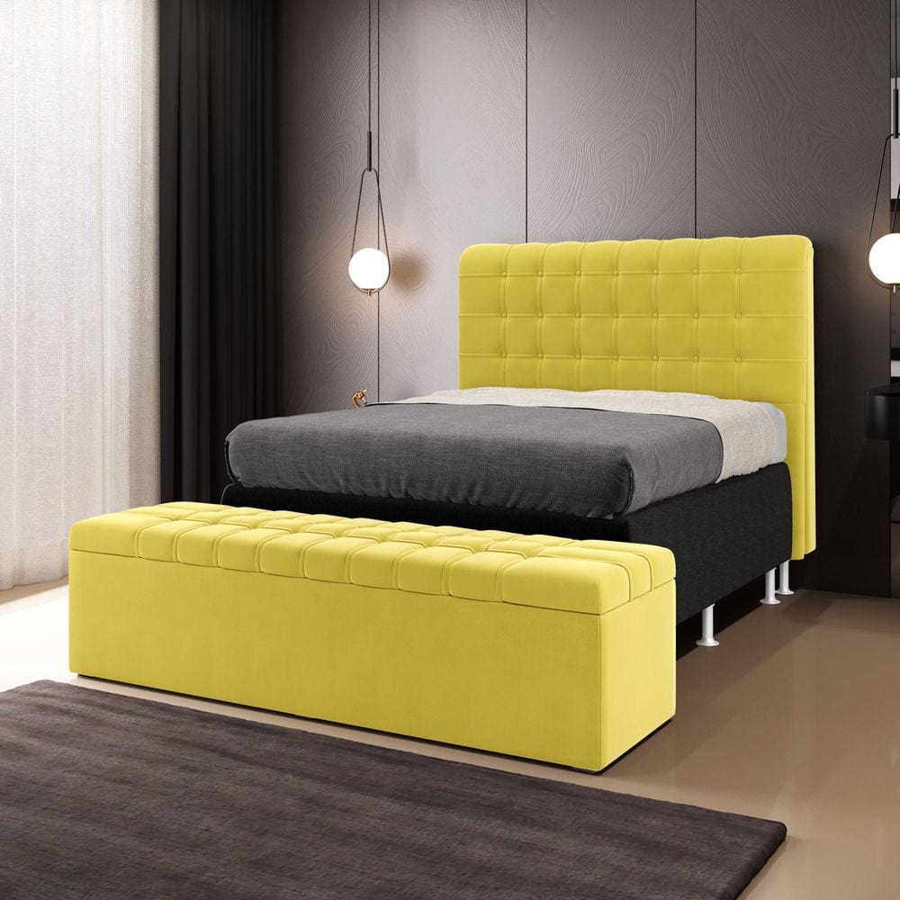Kit Cabeceira Rana 140 Casal e Calçadeira Alpha Z-004 Sued Amarelo Aradecor