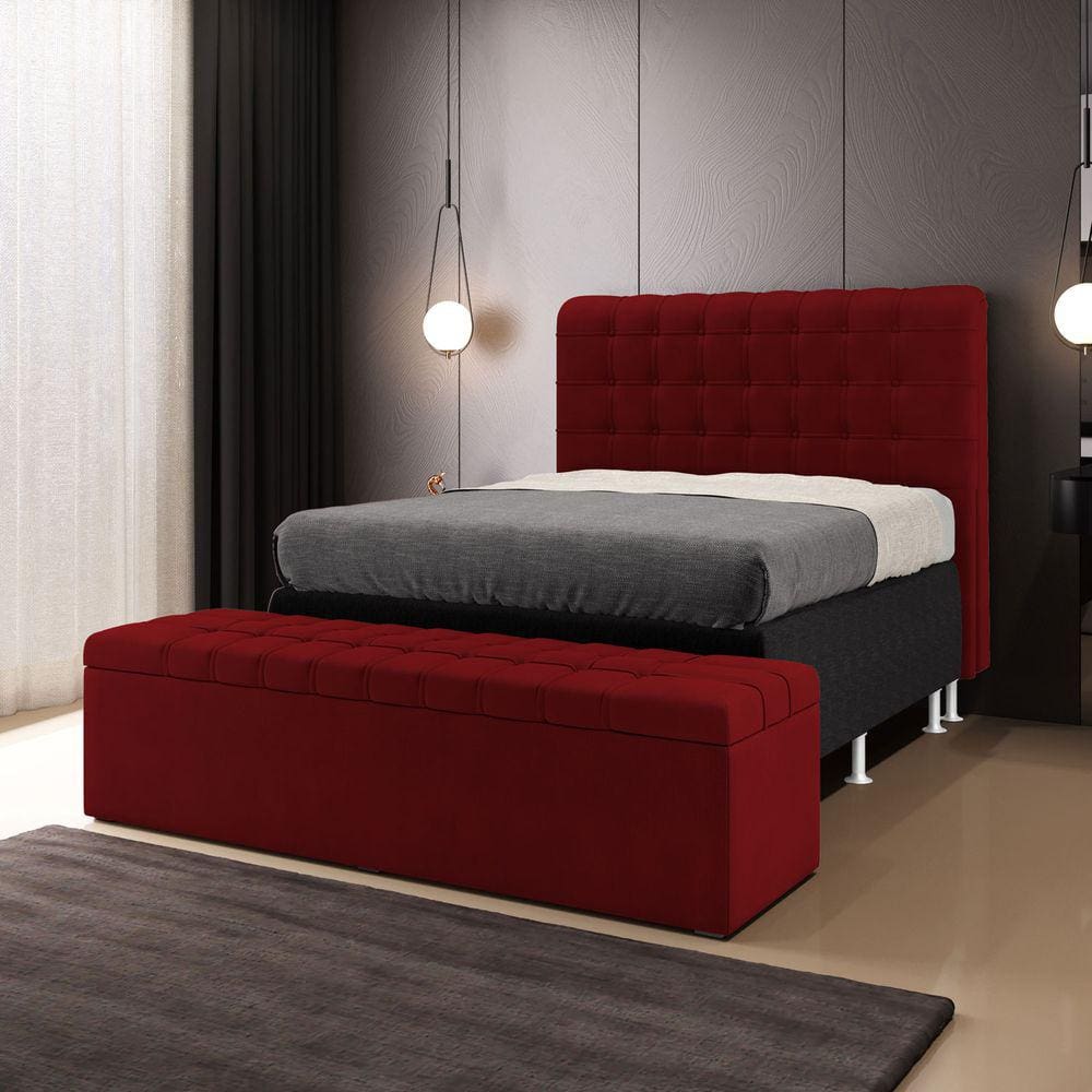 Kit Cabeceira Rana 160 Queen e Calçadeira Alpha Z-001 Sued Vermelho Aradecor