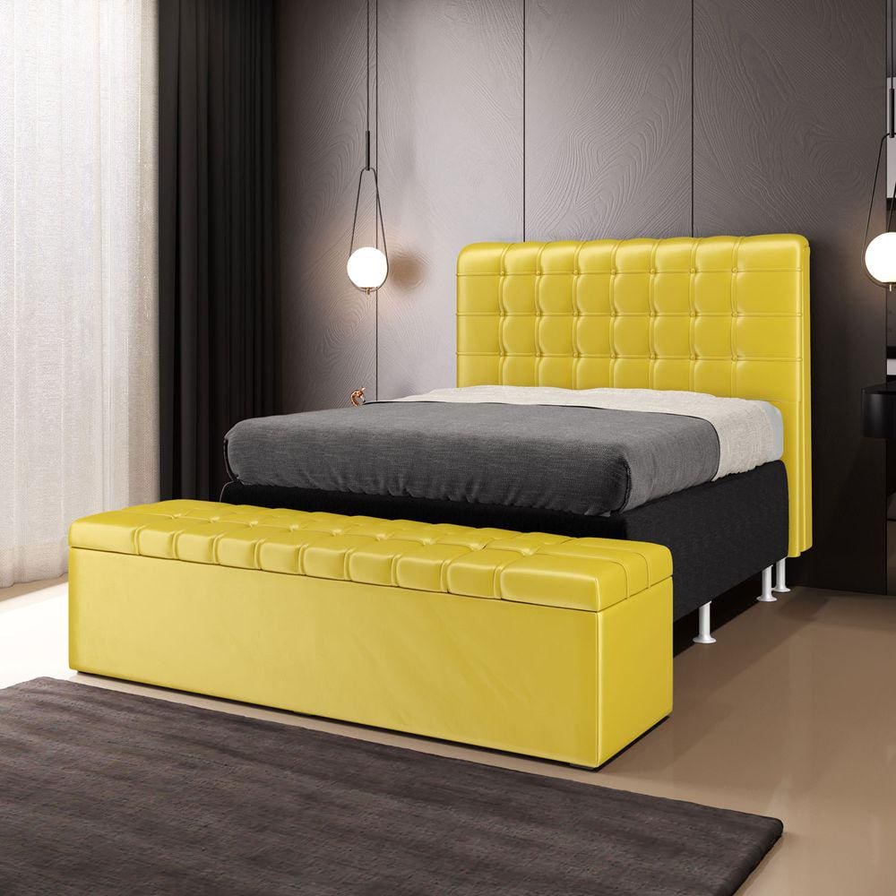 Cabeceira Rana e Calçadeira Alpha 140 para Cama de Casal N-035 Veludo Amarelo Aradecor