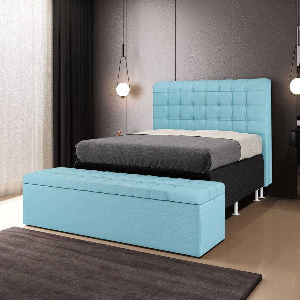 Cabeceira Rana e Calçadeira Alpha 160 para Cama Queen A-043 Couro Azul Bebê Aradecor