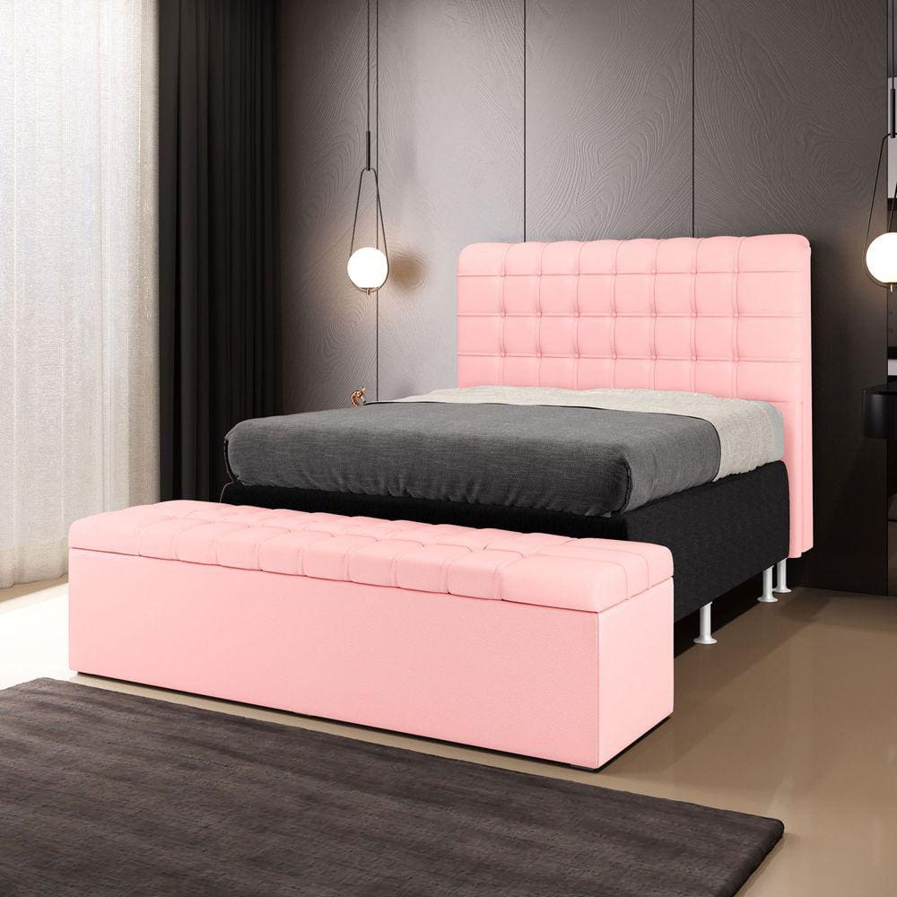 Cabeceira Rana e Calçadeira Alpha 160 para Cama Queen A-044 Couro Rosa Bebê Aradecor