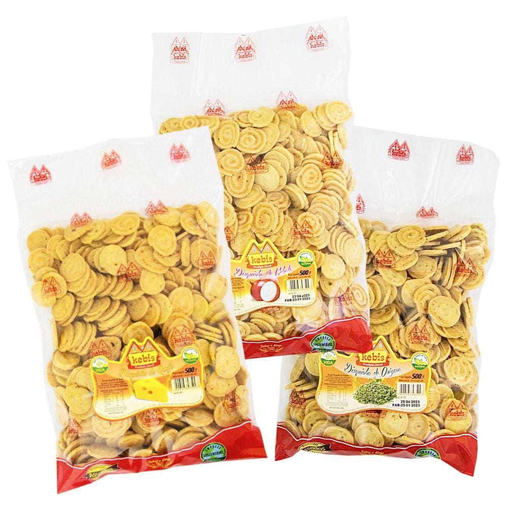 Kit 3 Biscoito Caseiro Disquinho de Queijo, Disquinho de Cebola e Disquinho de Orégano 1,5kg Kebis