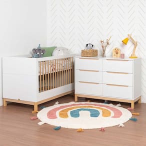 Kit Quarto Infantil Cozy Branco com Carvalho – Berço + Cômoda