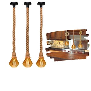 Kit 3 Pendentes Corda Sisal Rústico 1,80M Lâmpadas Led