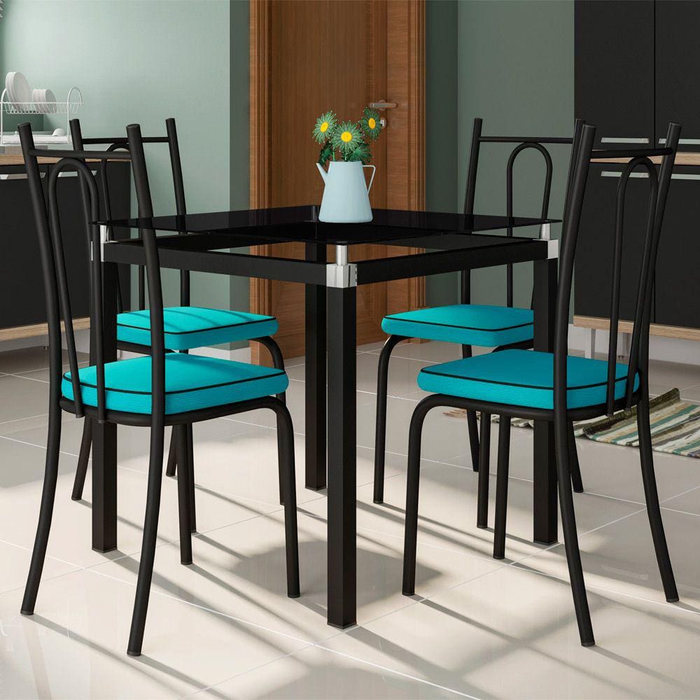 Conjunto De Mesa Com 4 Cadeiras Malva Tampo De Vidro 75cm Preto Assento Azul Turquesa Artefamol - Transparente