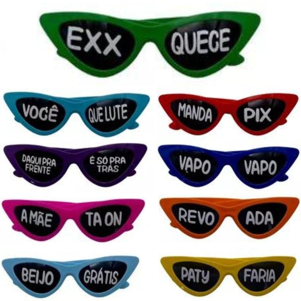 Kit 10 Óculos Gatinho Escuro Frases Festa Balada Casamento
