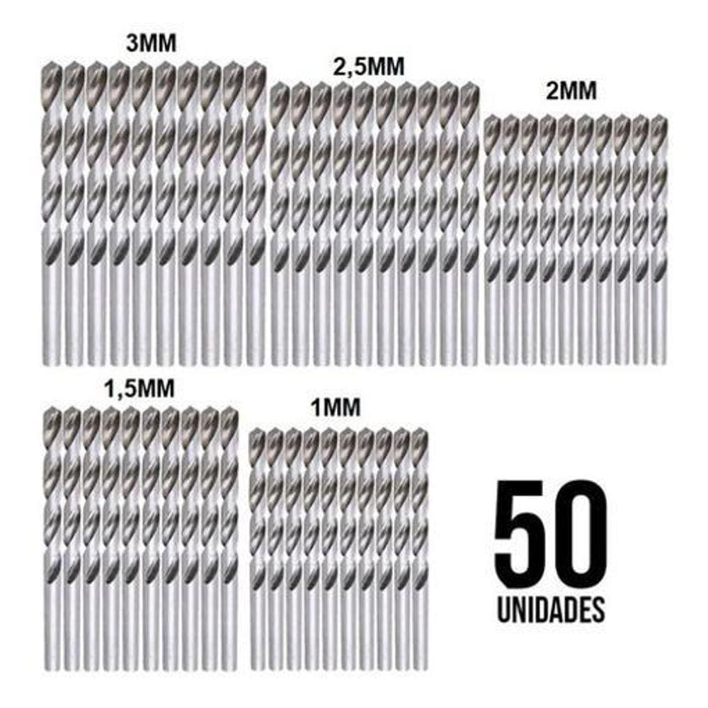 Jogo 50 Brocas Aço Rápido 1, 1,5, 2, 2,5 e 3mm Kit