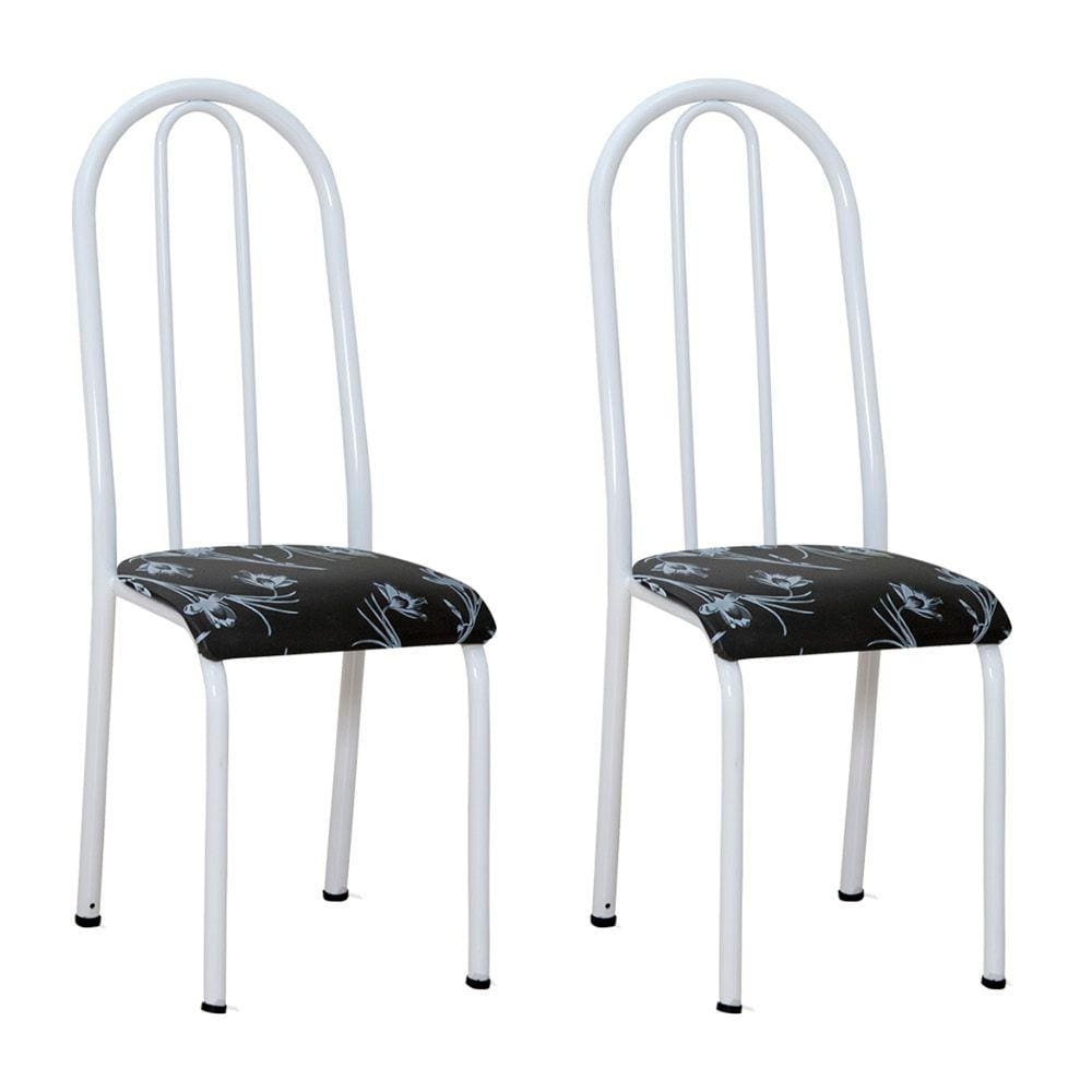 Kit 2 Cadeiras de Cozinha Flórida Estampado Preto Florido Pés de Ferro Branco - Pallazio