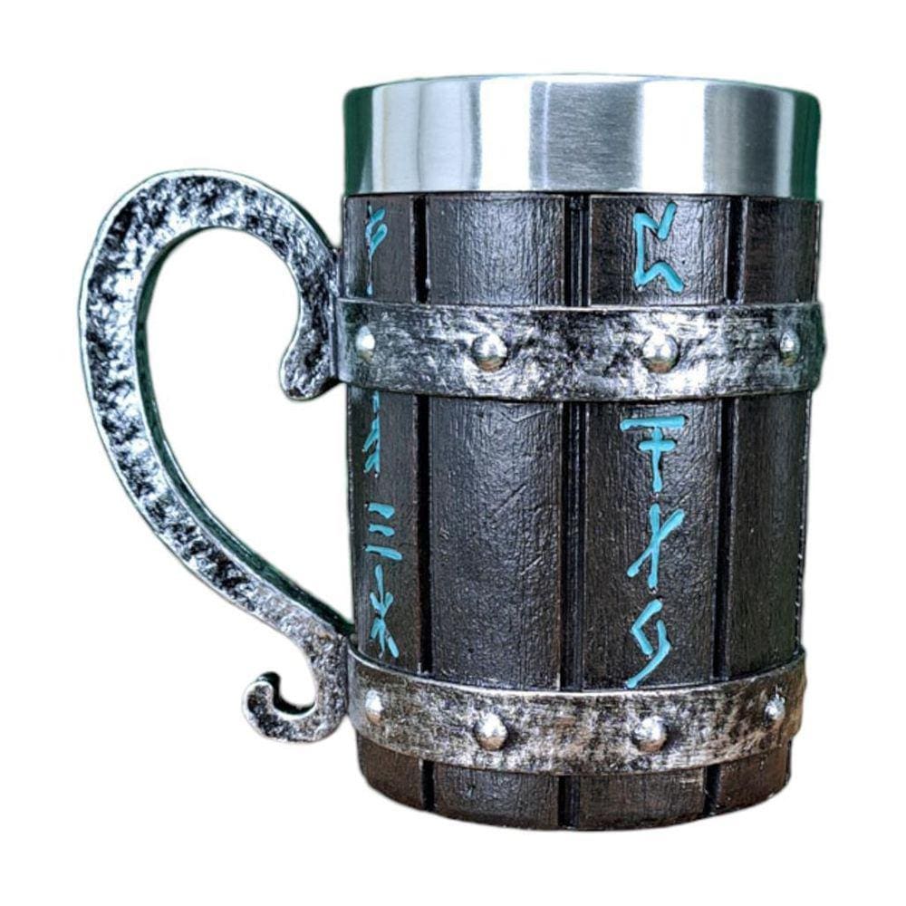 Caneca 3D Resina Barril Viking Runas Nórdica Decoração