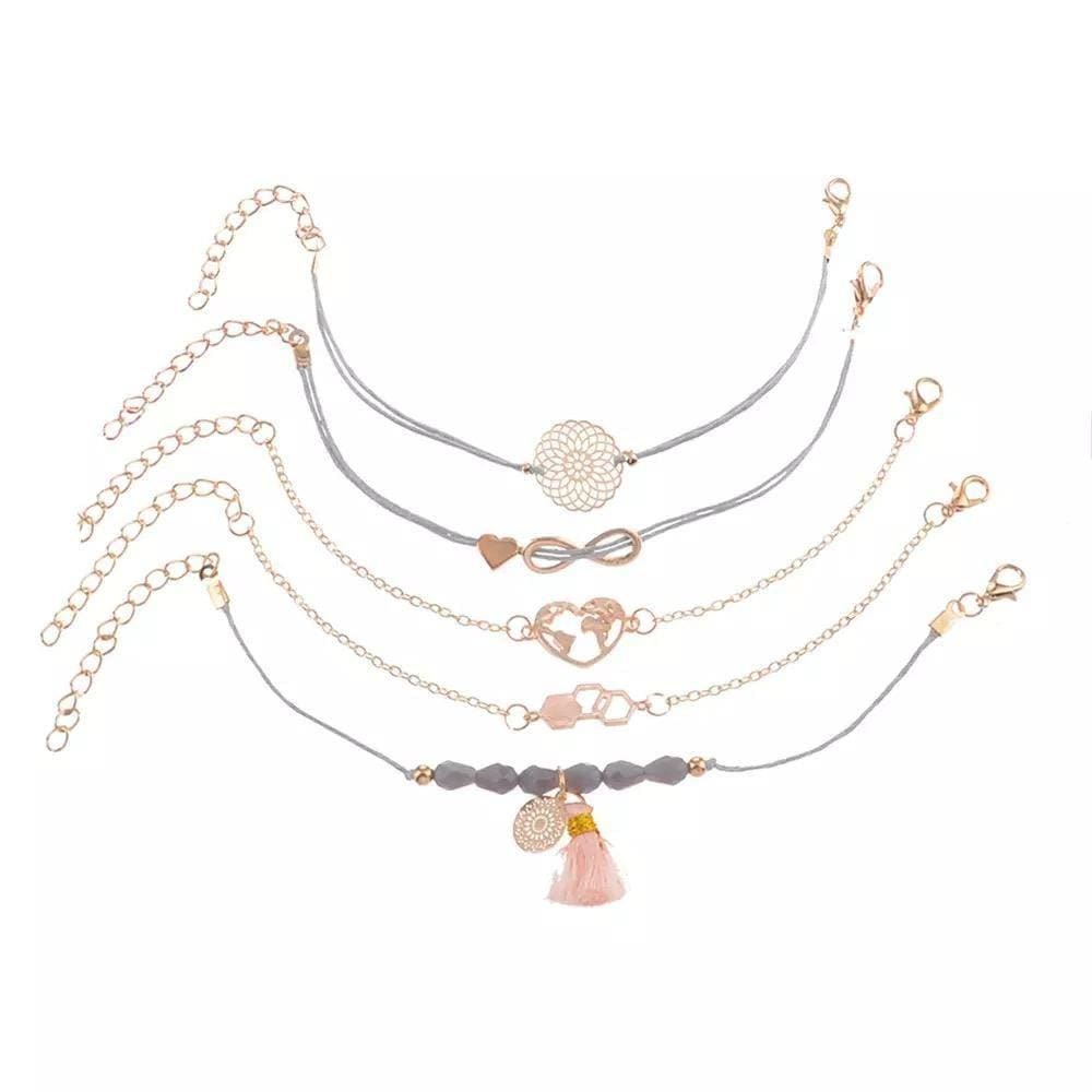 Pulseira 5 Peças Dourada Detalhes Marrom Coração Infinito H2