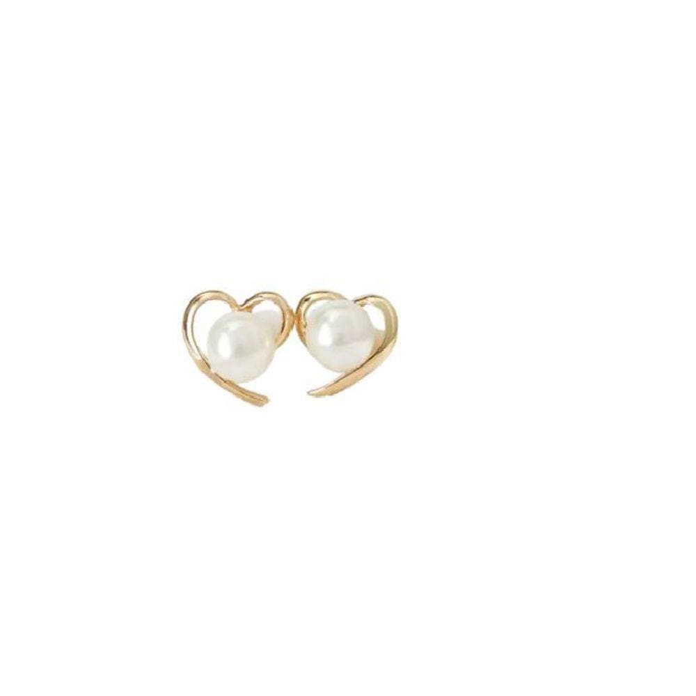 Brinco Coração Vazado Pérola Detalhe Dourado