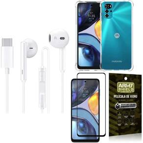 Capinha Moto G22 + Fone De Ouvido Tipo C + Película 3D