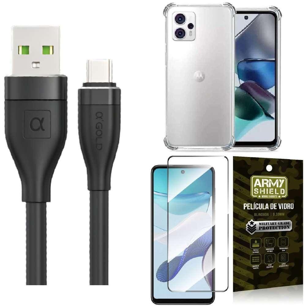 Capinha Moto G23 + Kit Cabo Tipo C 2 Metros + Película 3D
