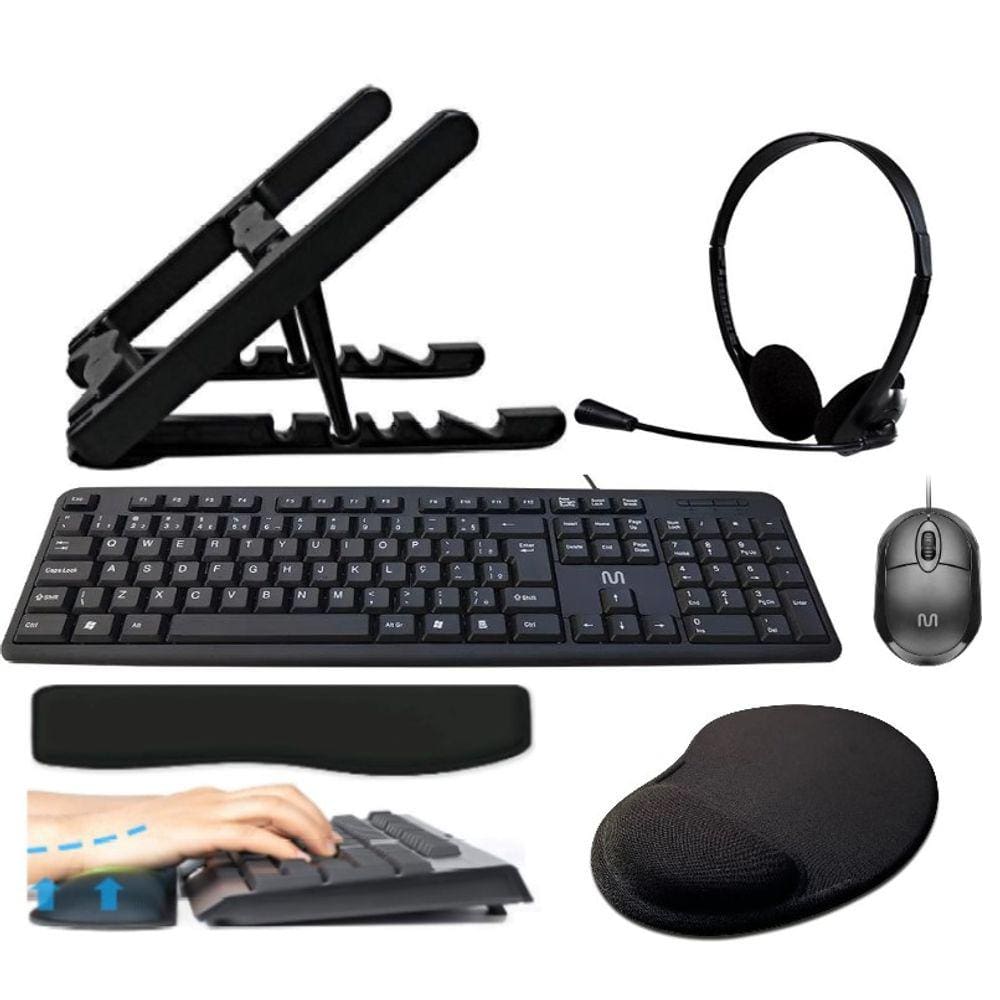KIT OFFICE 6Peças - Suporte P/Notebook , Headset Bright , Teclado e Mouse com fio Multilaser , Apoio p/Teclado e Mouse Pad