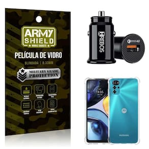 Carregador Veicular Turbo Com Capinha Moto G22 E Película 3D