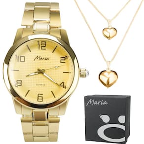 Relógio Feminino Dourado Pequeno Banhado Caixa Casual + Colar Duplo Coração