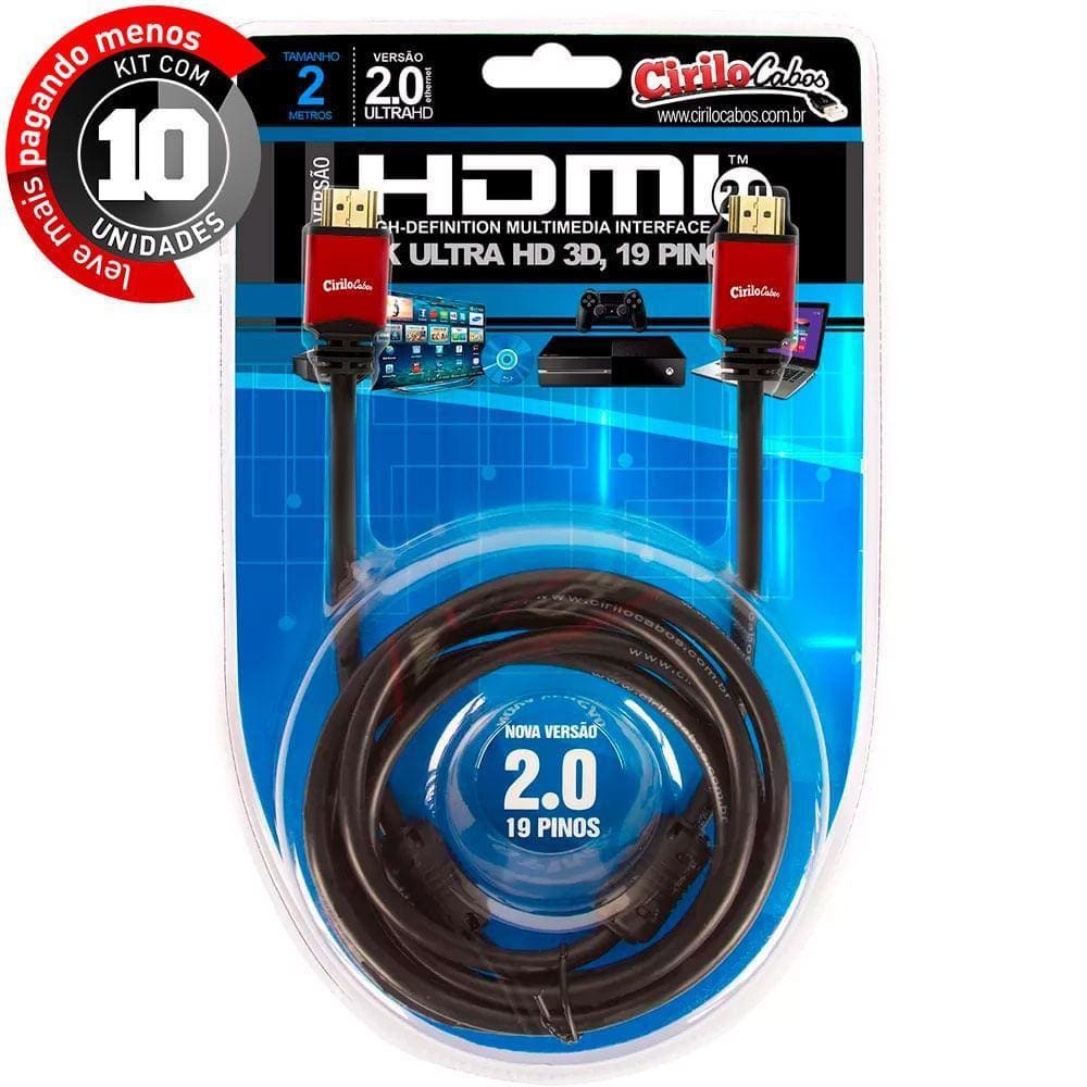 Kit Com 10 Cabos Hdmi 2.0 - 4K, Ultra Hd, 3D, 19 Pinos 2M