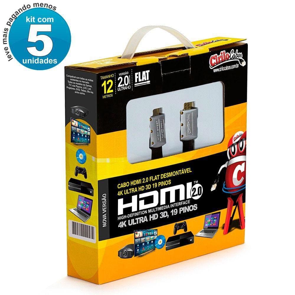 Kit Com 5 Cabos Hdmi 2.0 Flat Desmontável,19 Pinos 4K, 12Mts