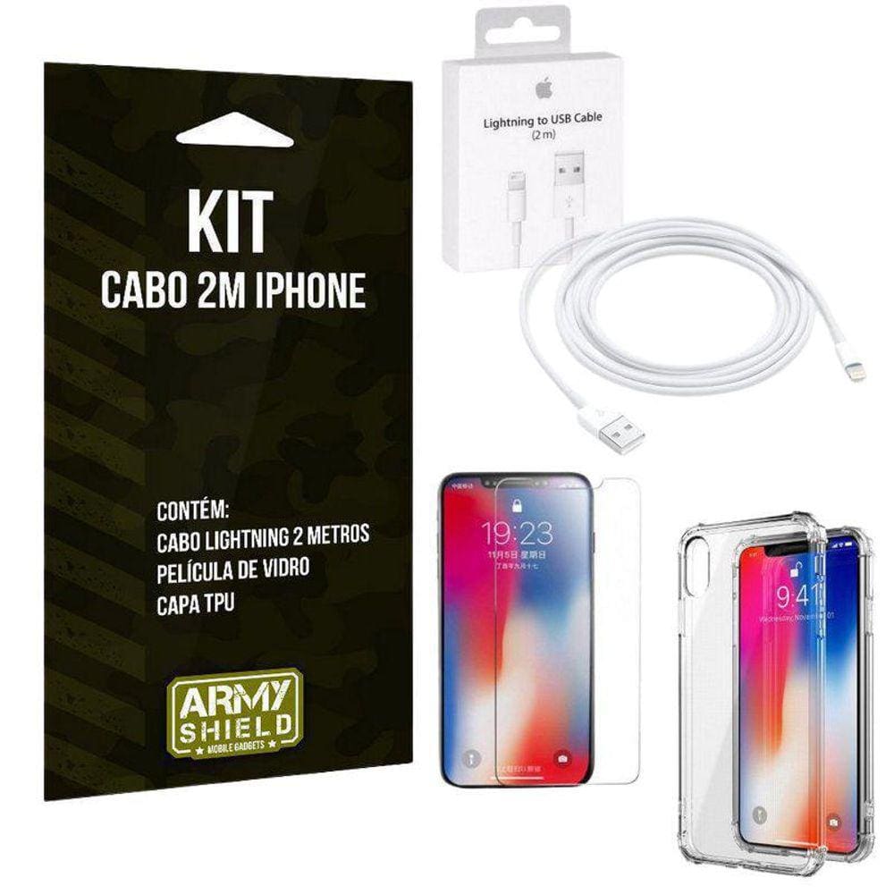 Kit Cabo 2M Para Iphon Xs+Capa Anti Shock+Película Vidro