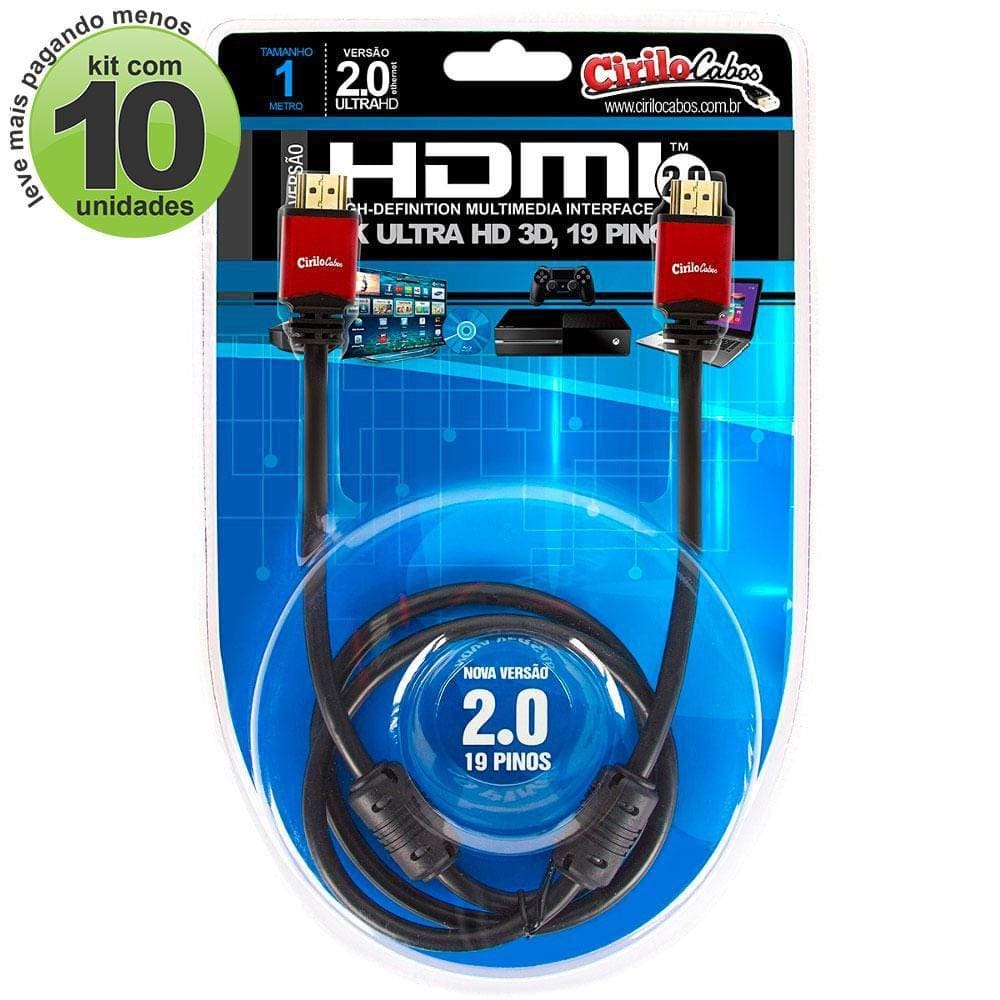 Kit 10 Cabos Hdmi 2.0 19 Pinos Ethernet, 4K - 1 Metro