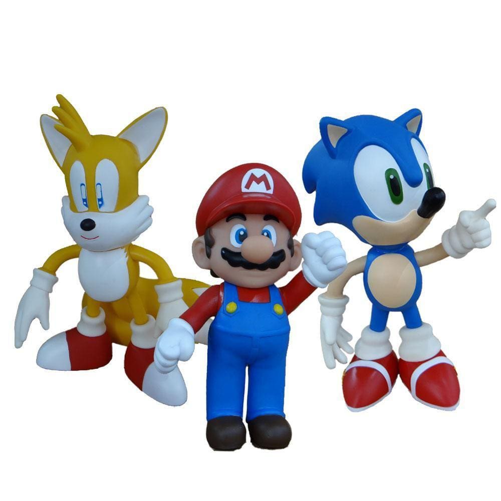 Kit 3 Bonecos Grandes Super Mario, Sonic Azul E Tails