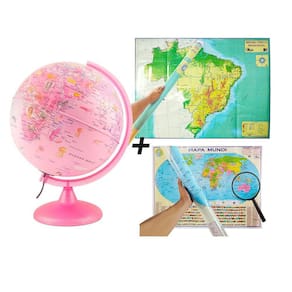 Kit Globo Pinkzoo Led Figuras Animais Mapa Brasil Físico