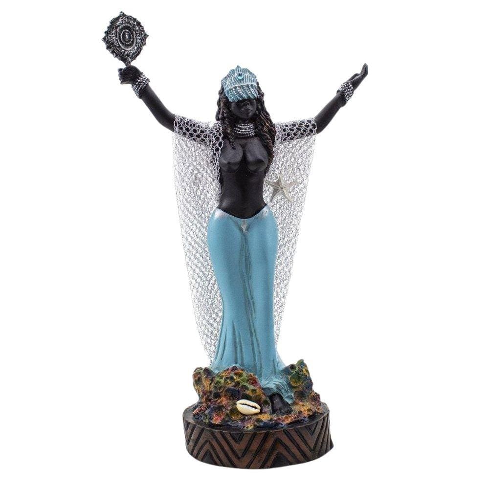 Imagem Iemanjá Luxo Preta Vestido Azul Resina 30 Cm