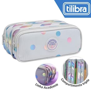 Estojo Triplo Tilibra Académie Listras Cinza 11x9x21cm