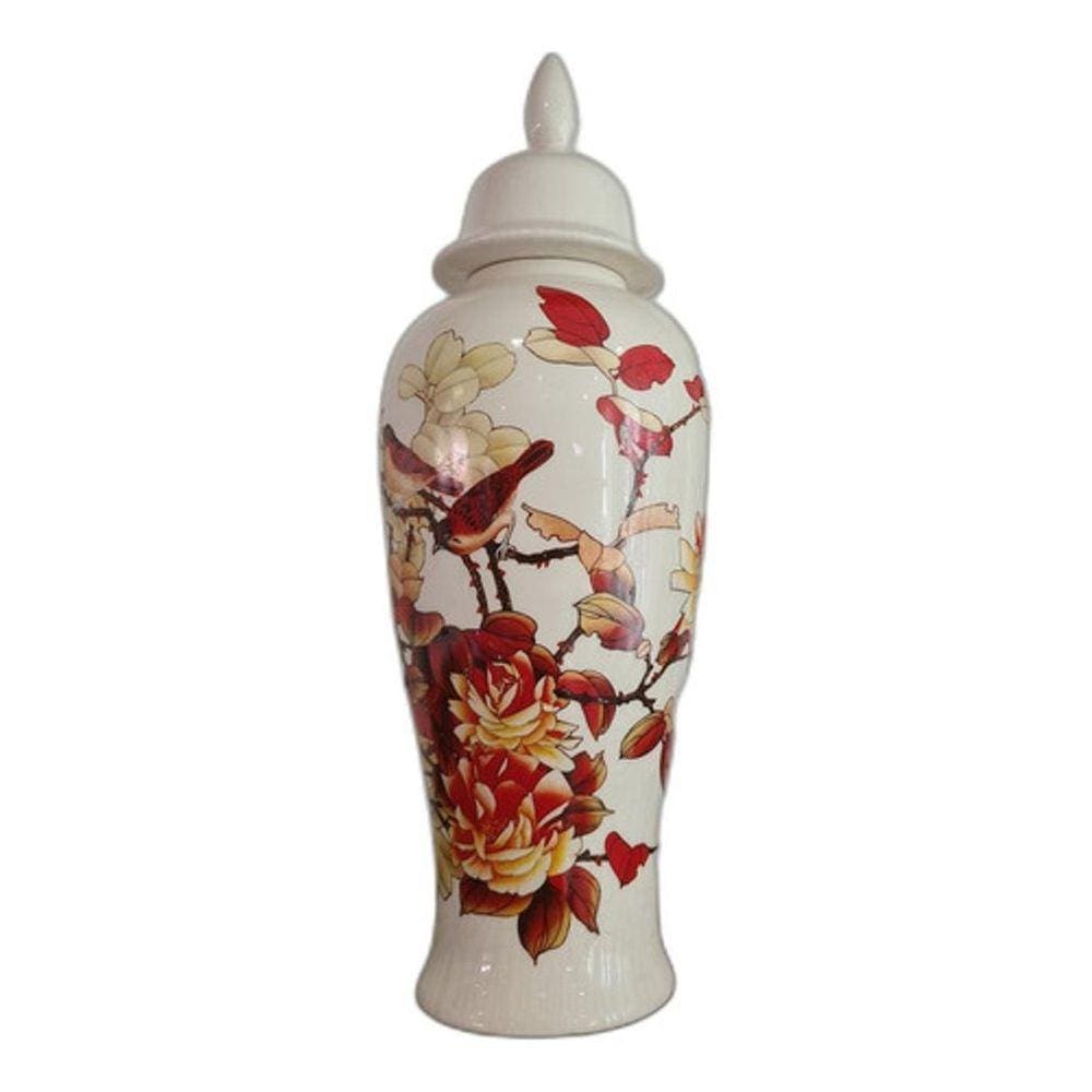 Vaso Decorativo Cerâmica Bege Floral Pássaros 46 X 15