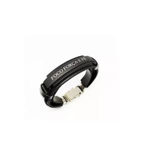 Pulseira Masculina Couro Preto Placa Preta Foco Força E Fé