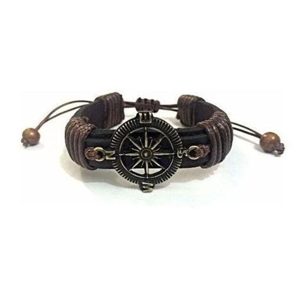 Kit 3 Pulseiras Masculina Combo Couro Regulável Bússola